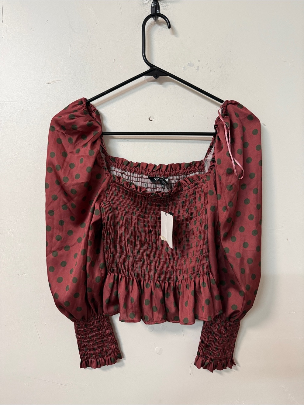 Zara Burgundy Polka Dot Smocked Peasant Top